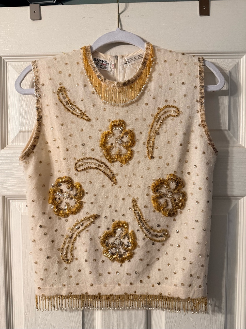Vintage BANFF Ltd Beaded Angora Sweater Vest Gold Pearl embellished Hong Kong 38